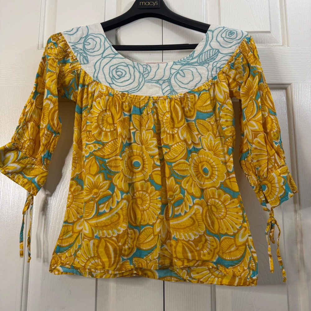 Cake Couture Yellow Floral Boho Square Neck 3/4 Sleeve Tunic Top Women Size S